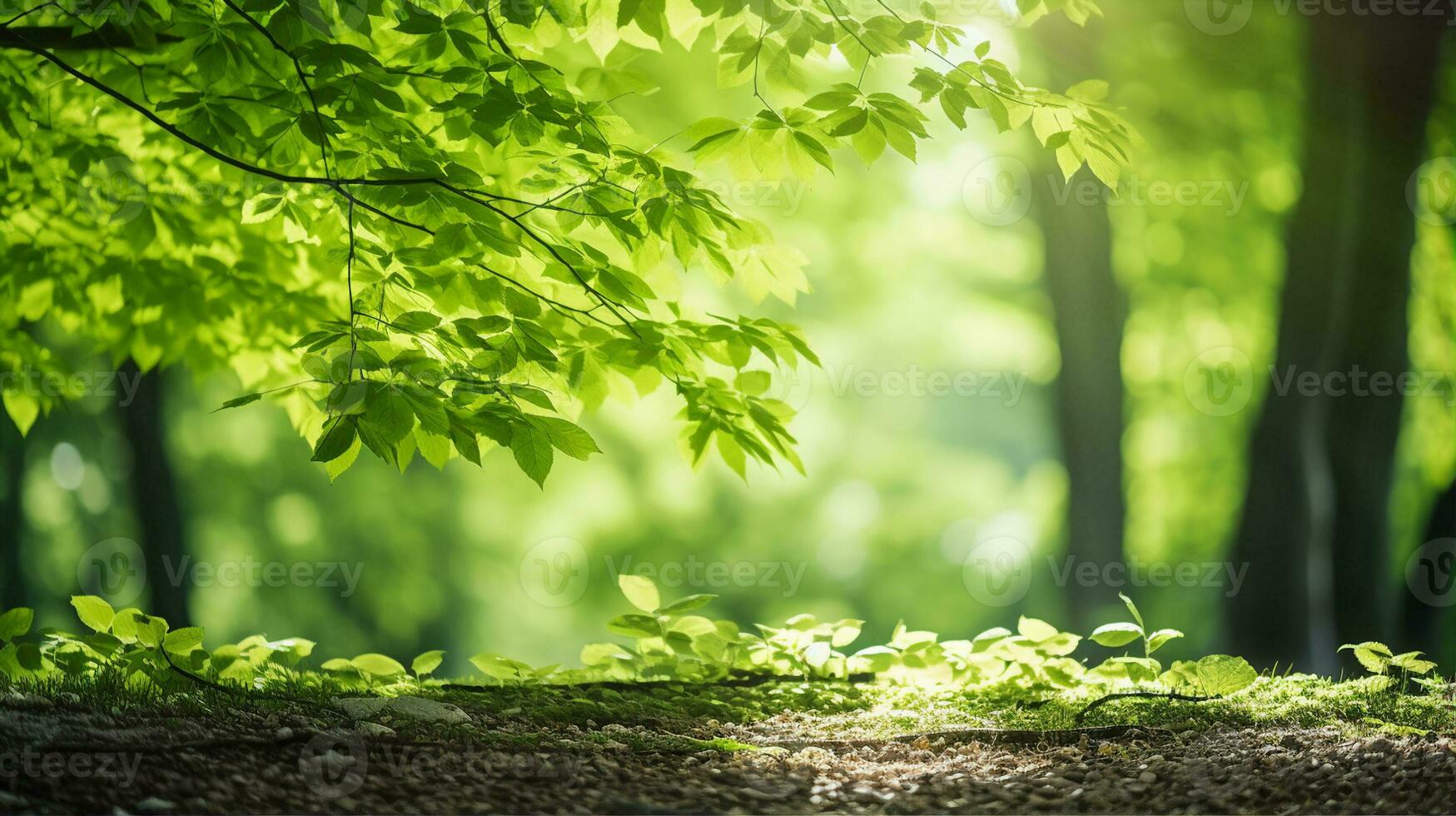Green peaceful forest in blur background. Generative AI photo