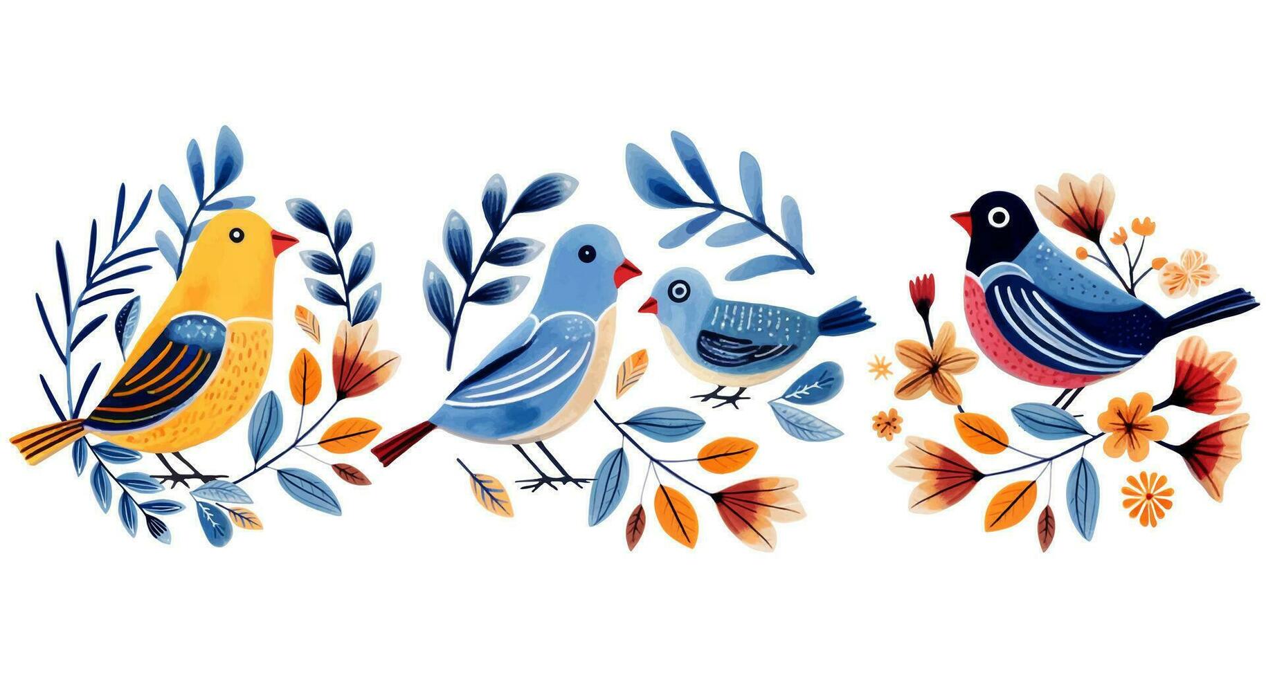 conjunto de prefabricado tarjetas con aves y plantas. mano dibujado aves en el tradicional étnico folklore estilo. vector
