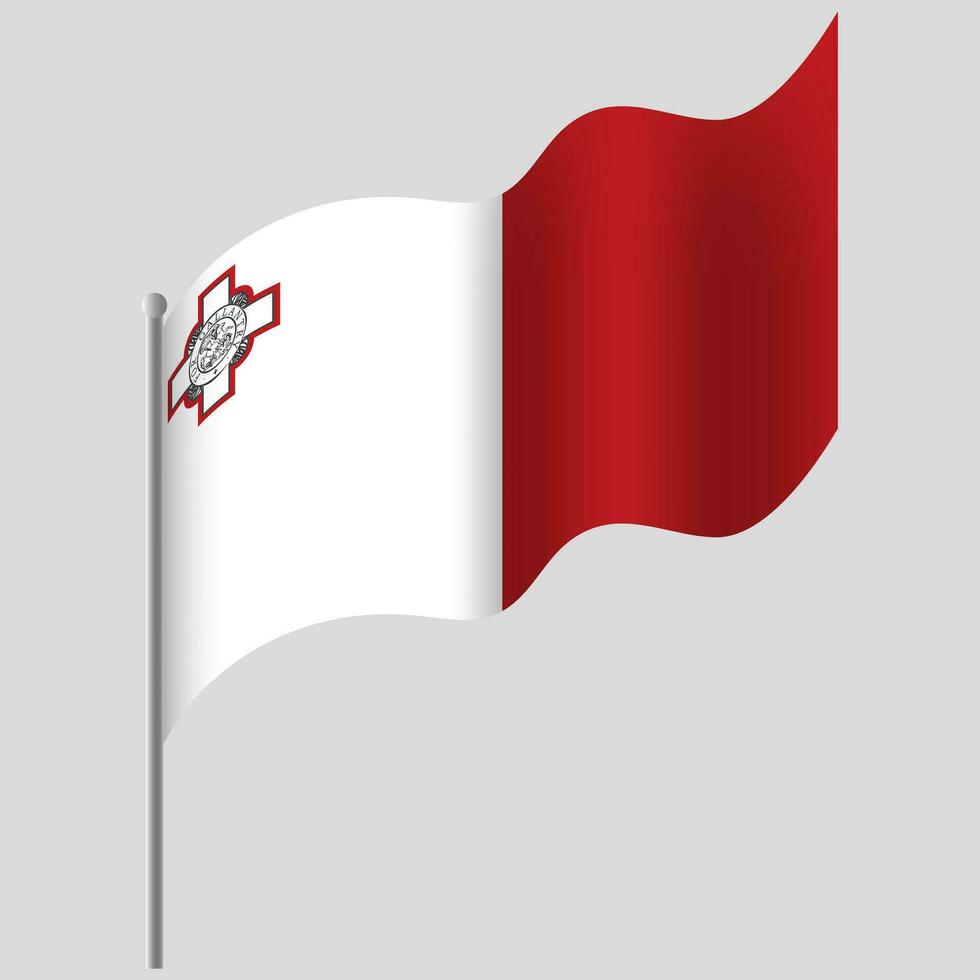 Waved Malta flag. Maltese flag on flagpole. Vector emblem of Malta