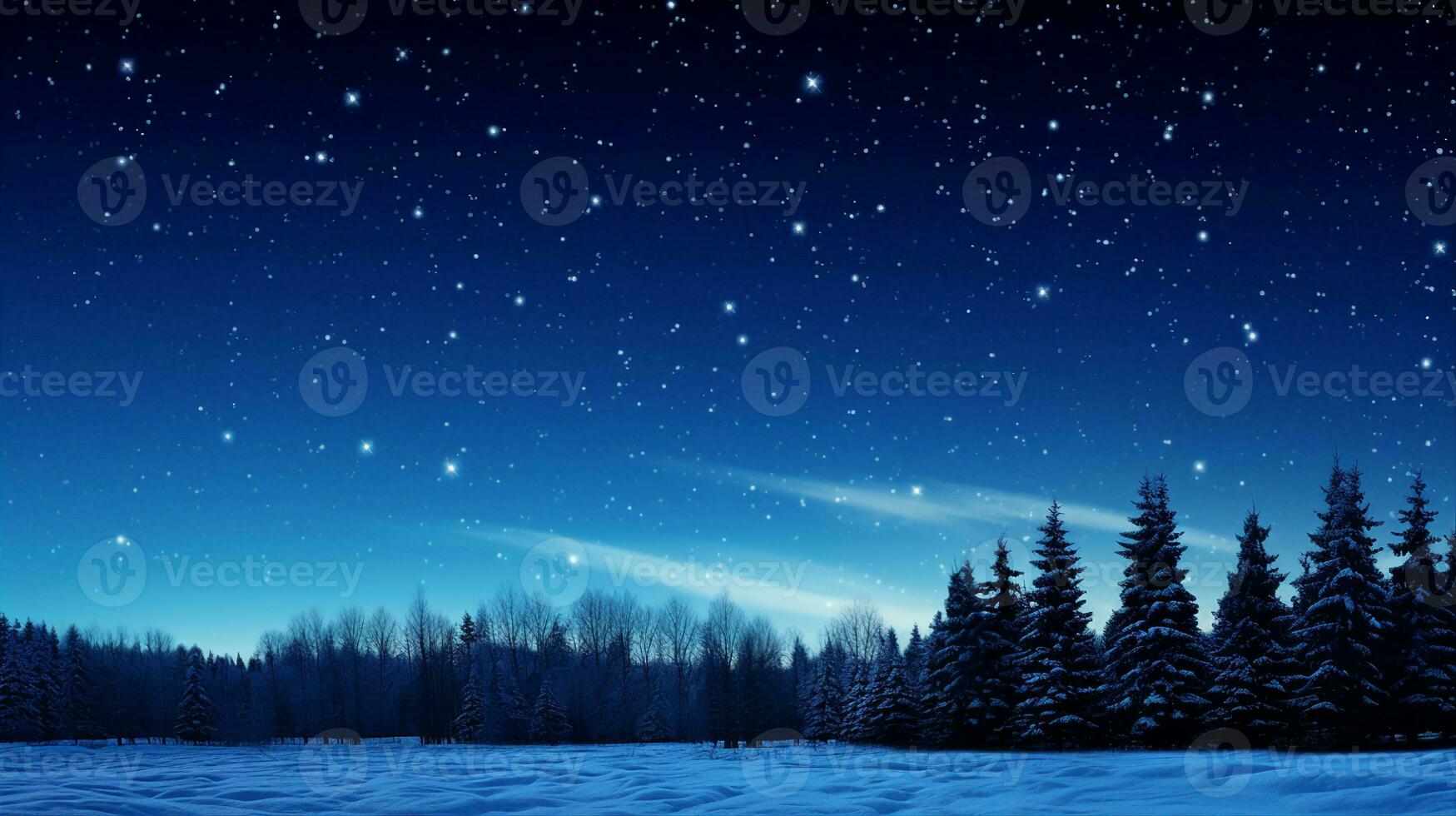 Night starry sky, winter forest, snowy blue background. Generative AI photo