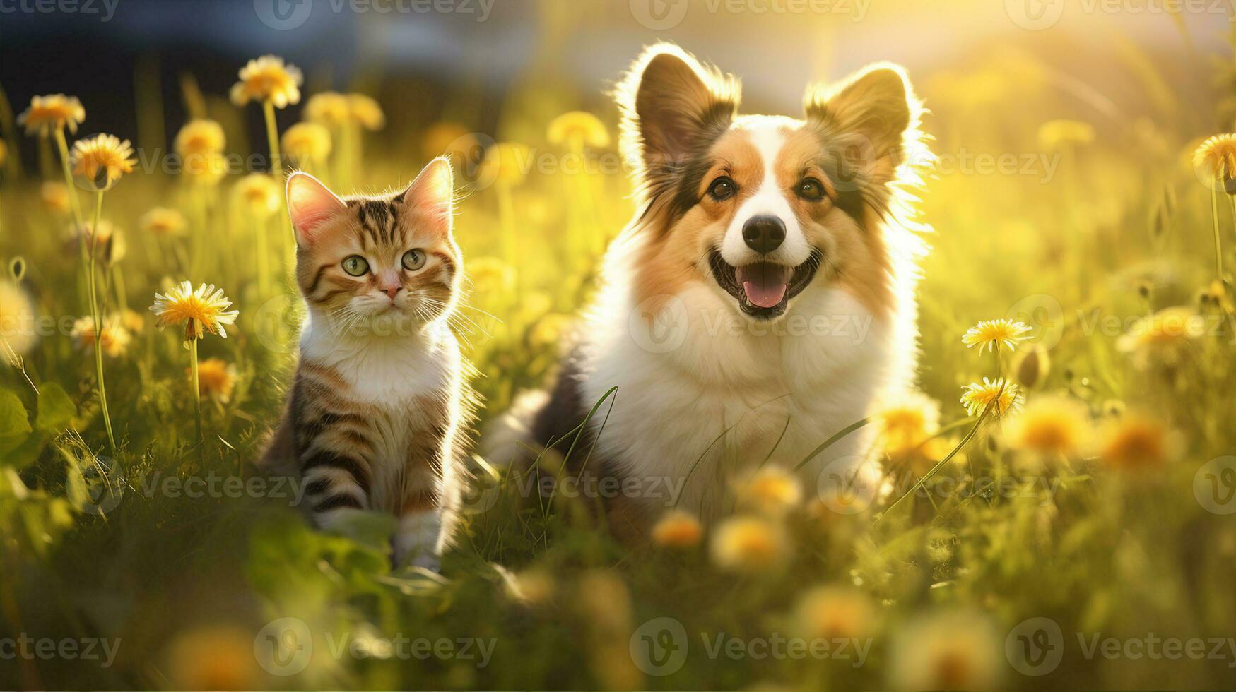 perro y gato juntos, mascotas, primavera o verano naturaleza. generativo ai foto