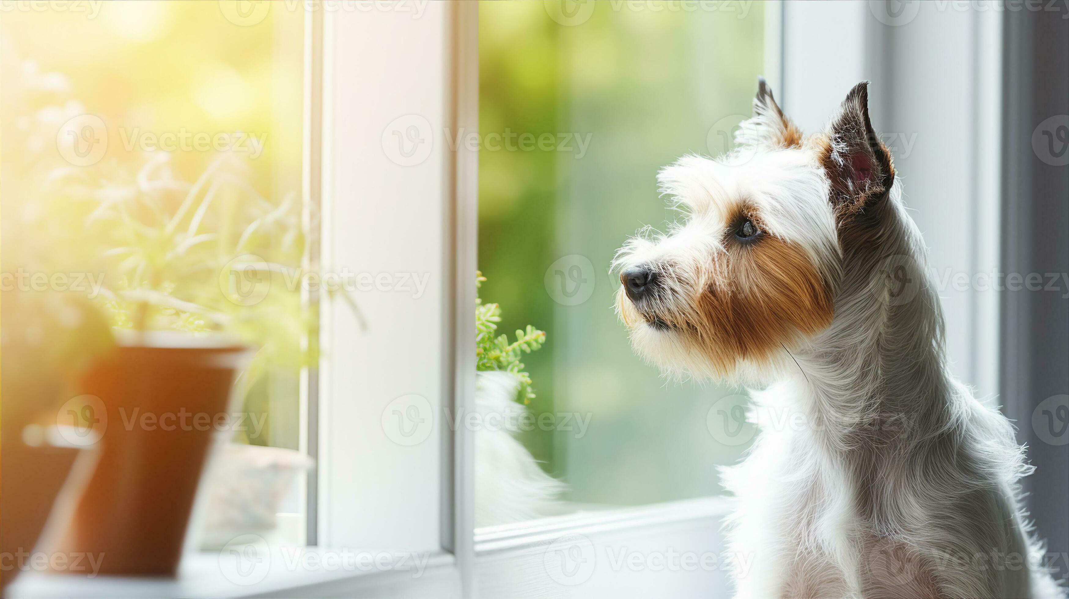 Sad dog looking out window sales