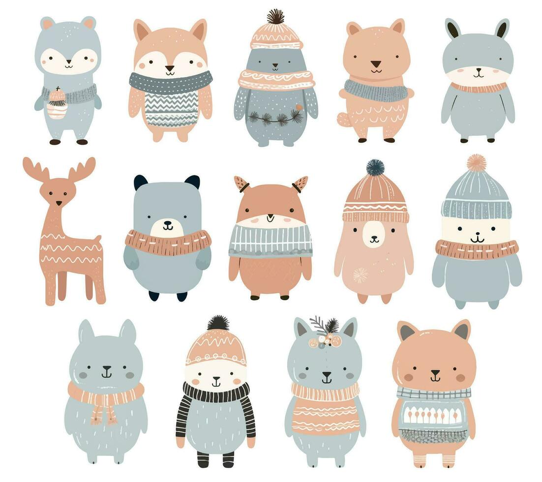 Cute scandinavian animals in winter clothes. Hand drawn doodle animals. Winter forest vector illustration