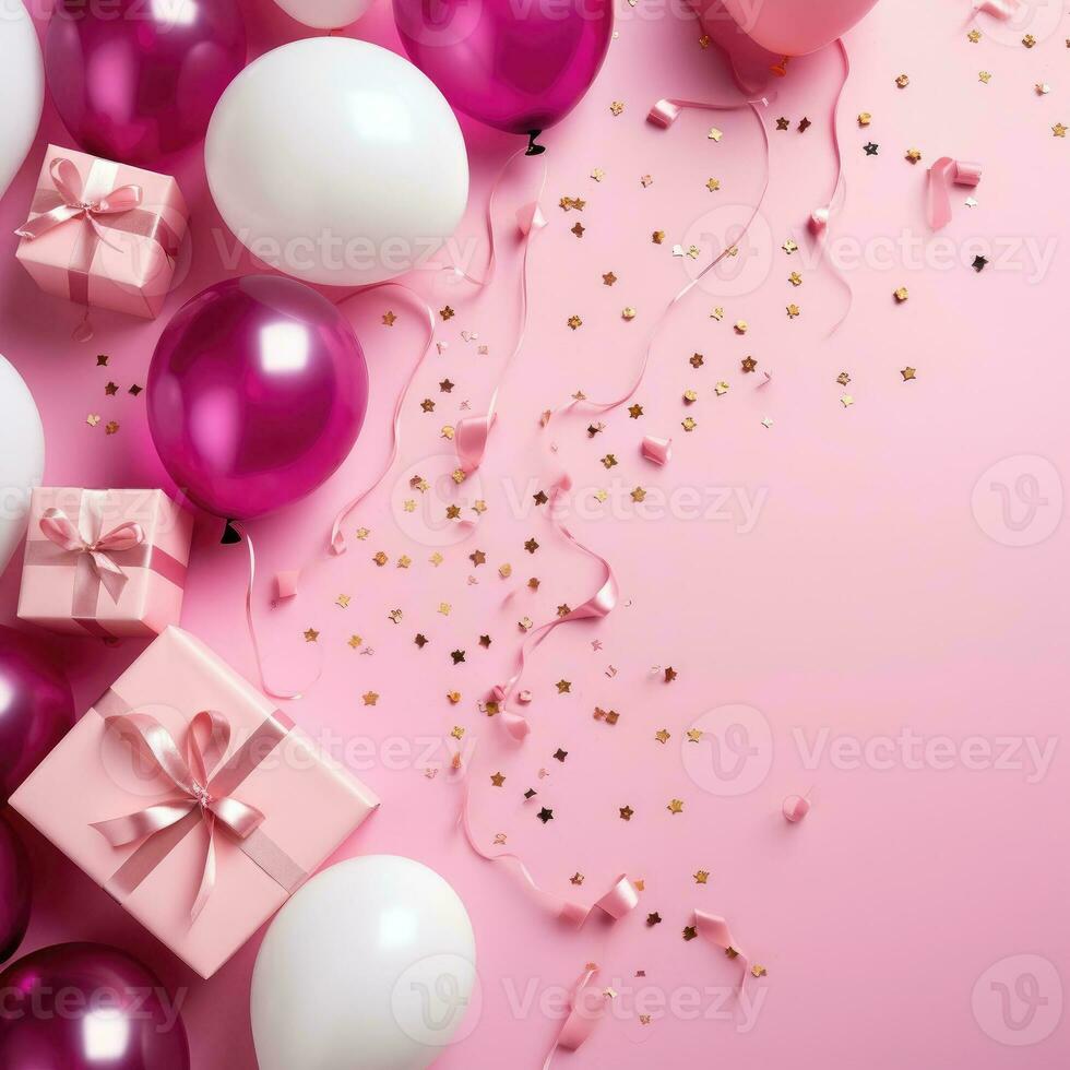 Birthday background, flat lay. Pink gift box, balloons and confetti on the table photo