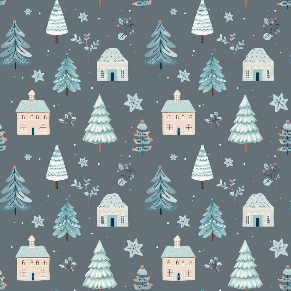 Seamless pattern with doodle snowy trees and houses. Vector christmas elements. Winter background