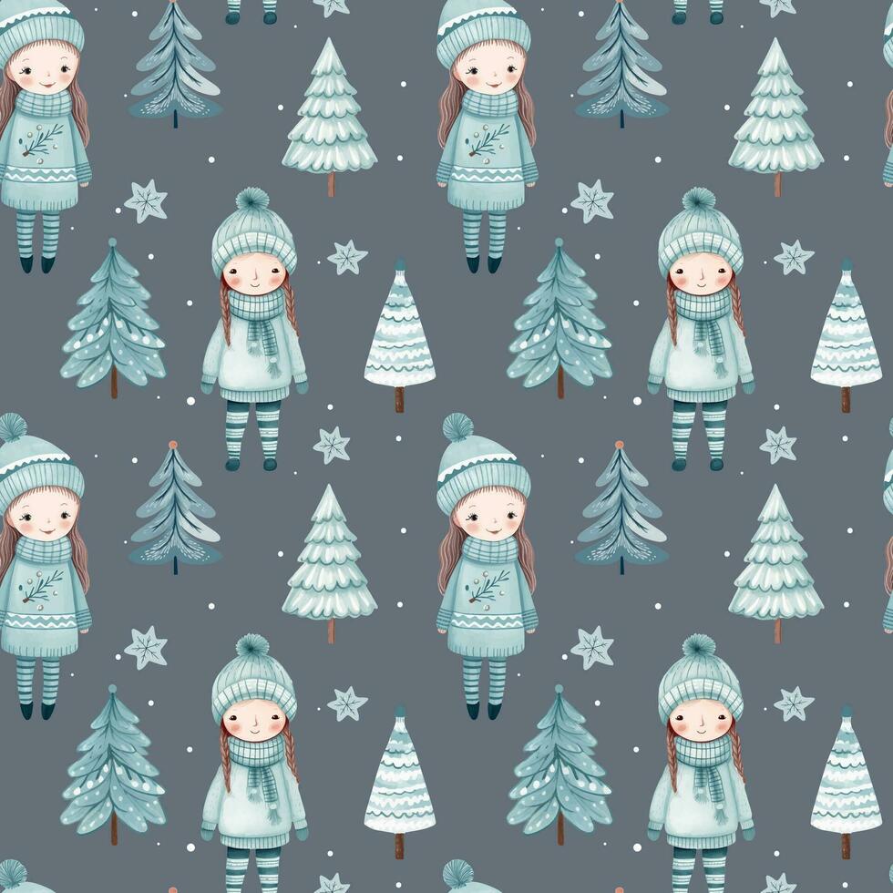 Seamless pattern with doodle girl and christmas trees. Vector hand drawn christmas elements. Winter background