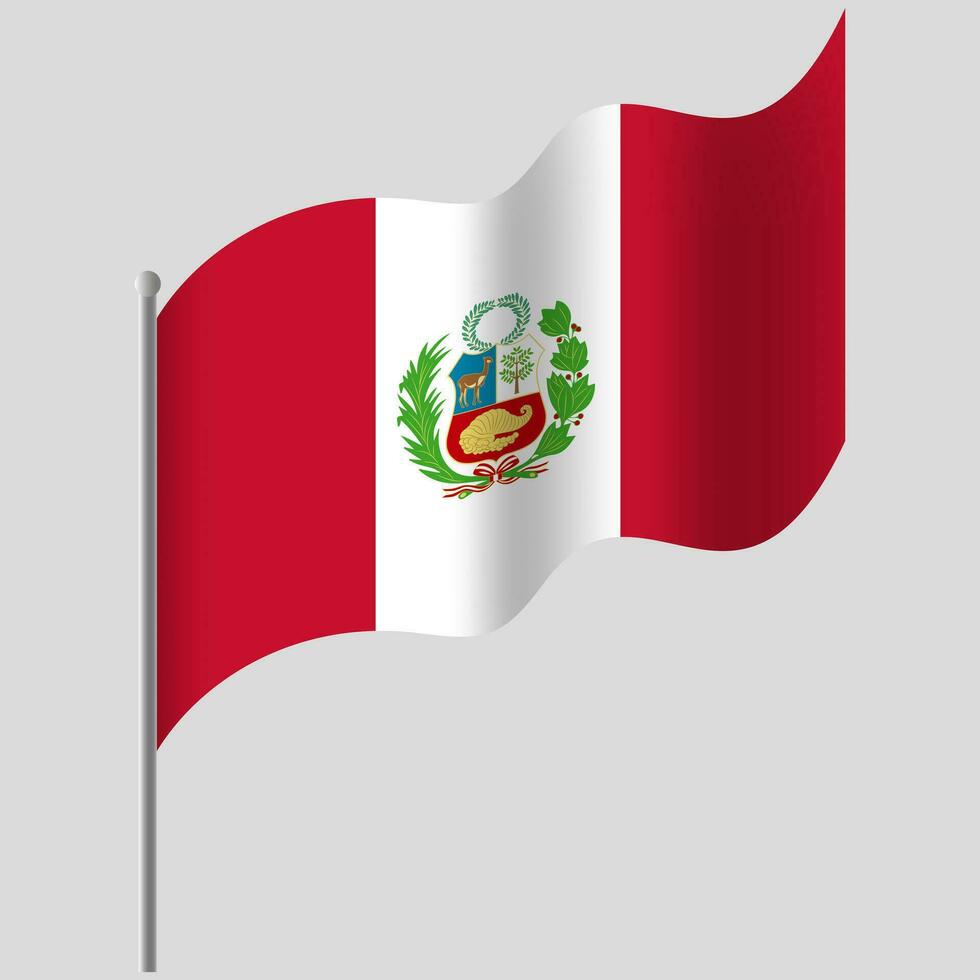 Waved Peru flag. Peru flag on flagpole. Vector emblem of Peru