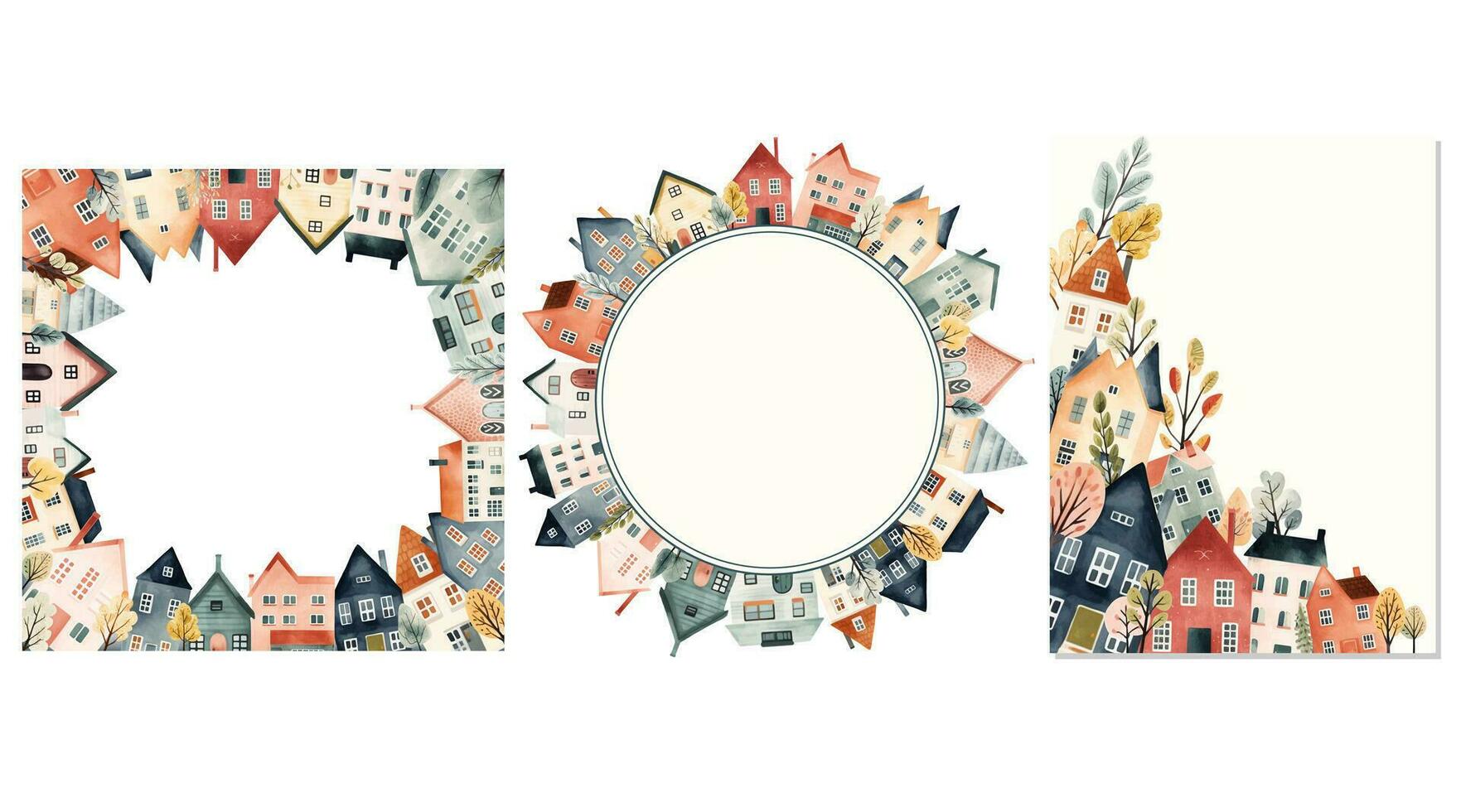 Set of cityscape frame, scandinavian houses. European town, frame with houses for your design, template. vector