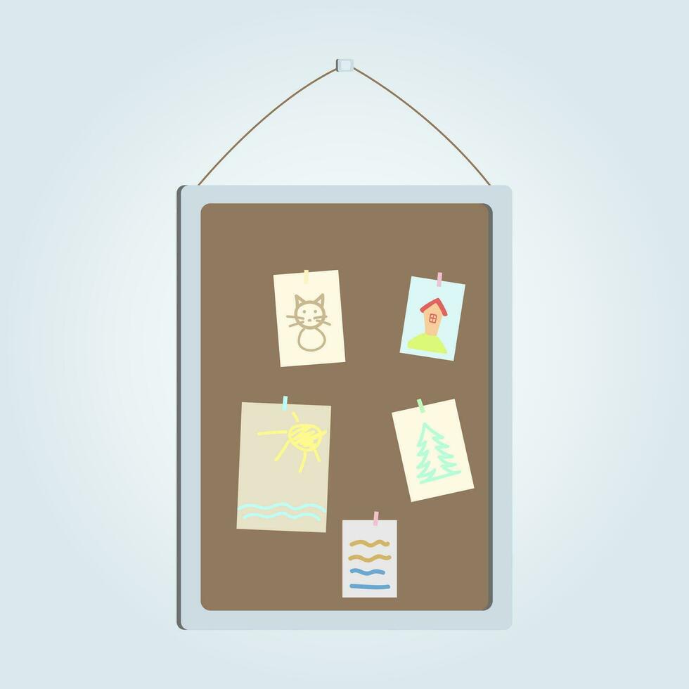 Wooden school child board with papers and children art. Vector illustration.