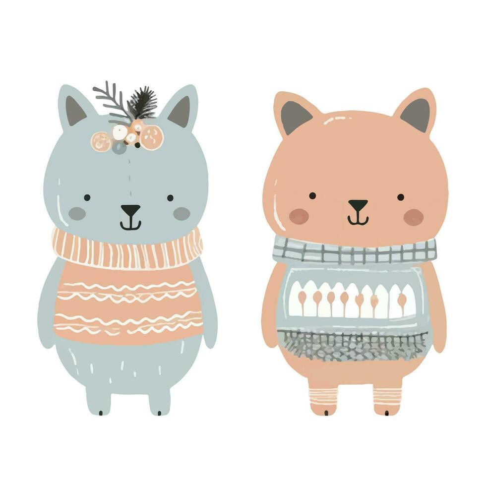 mano dibujado garabatear animales linda escandinavo animales en invierno ropa. invierno bosque vector ilustración