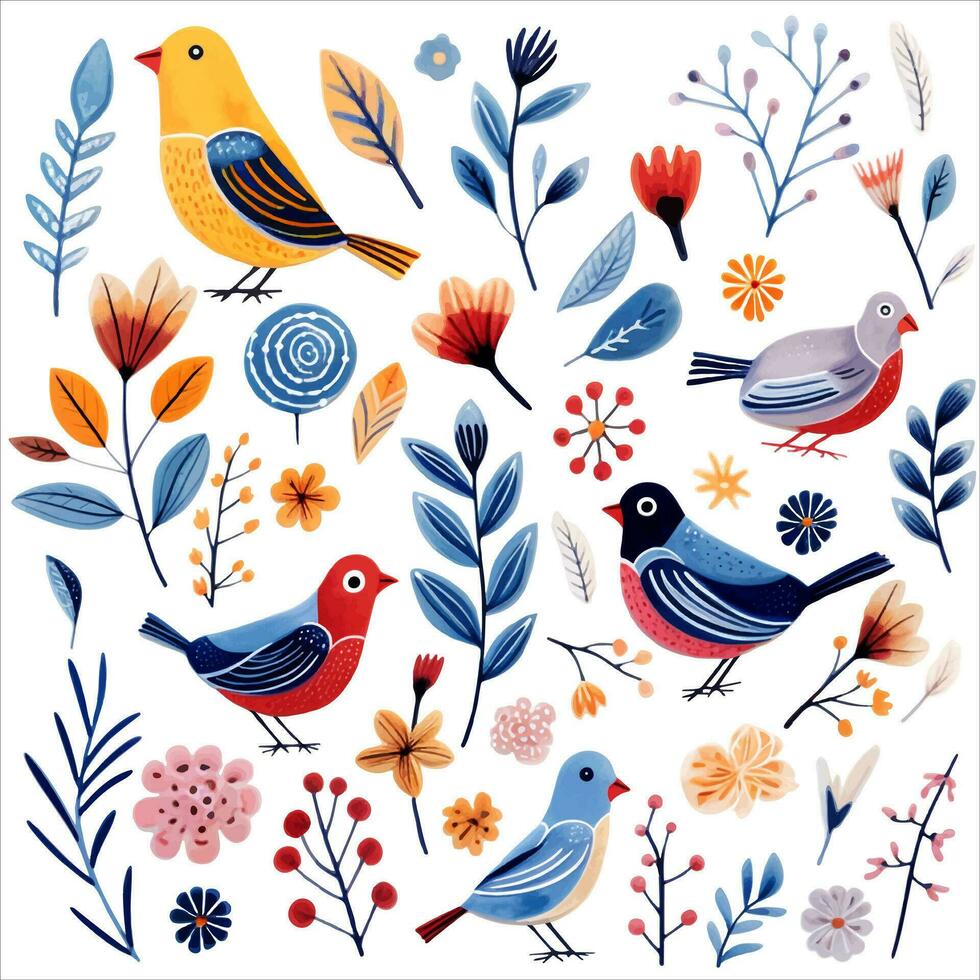 Bright birds, plants and flowers collection. Set of hand drawn birds and flowers in the traditional ethnic style. vector
