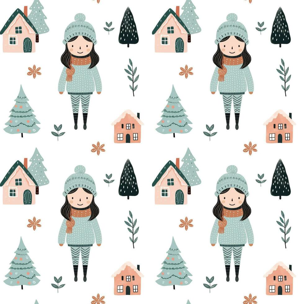 Seamless pattern with doodle girl, house and tree. Vector hand drawn christmas elements. Winter background