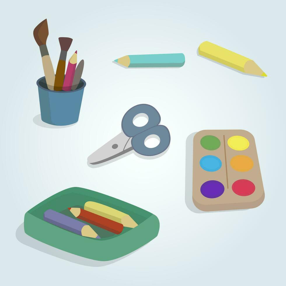 materiales para niños 's creatividad. pinturas, de colores lápices, tijeras. aislado en un blanco antecedentes. vector