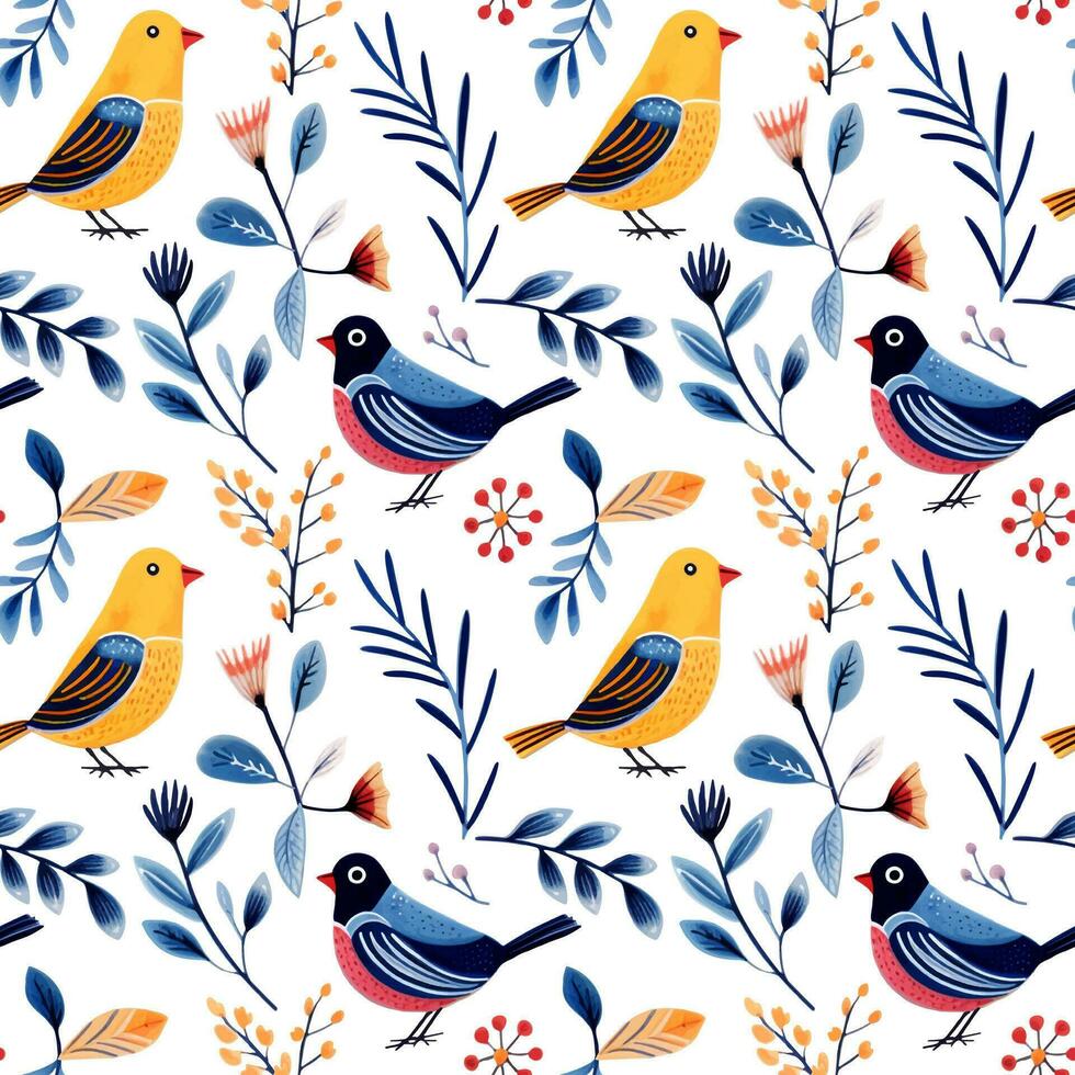 Seamless pattern birds and floral doodle. Watercolor hand drawn background birds and flowers. vector