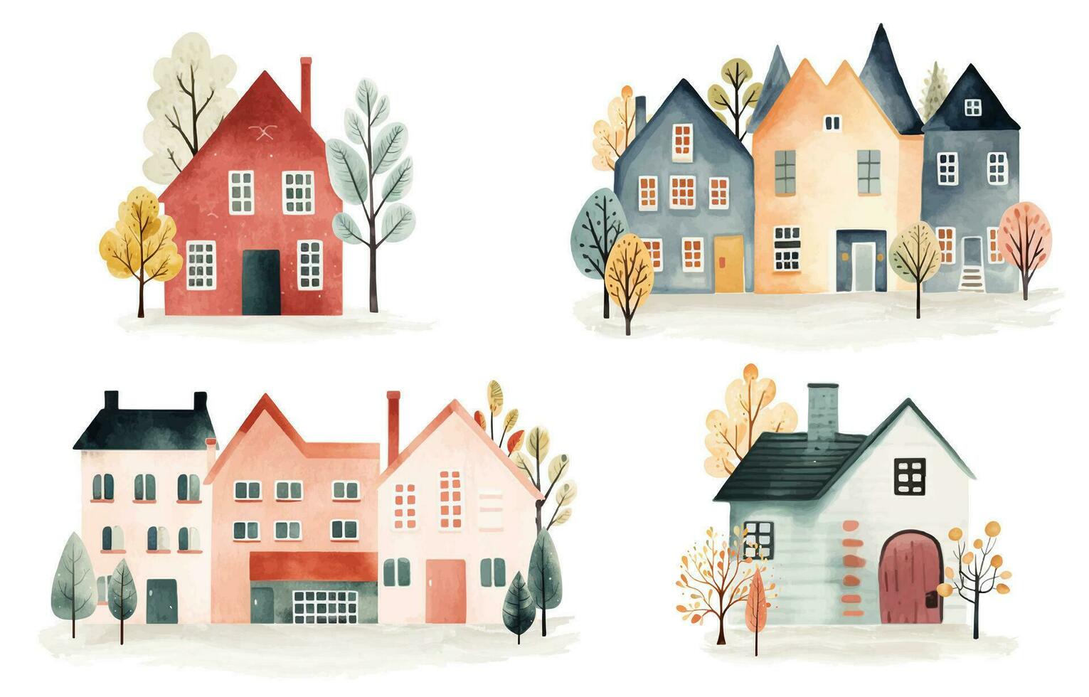 Set of scandinavian cards houses and trees. European street. Cute scandi watercolor homes. Childish illustration vector