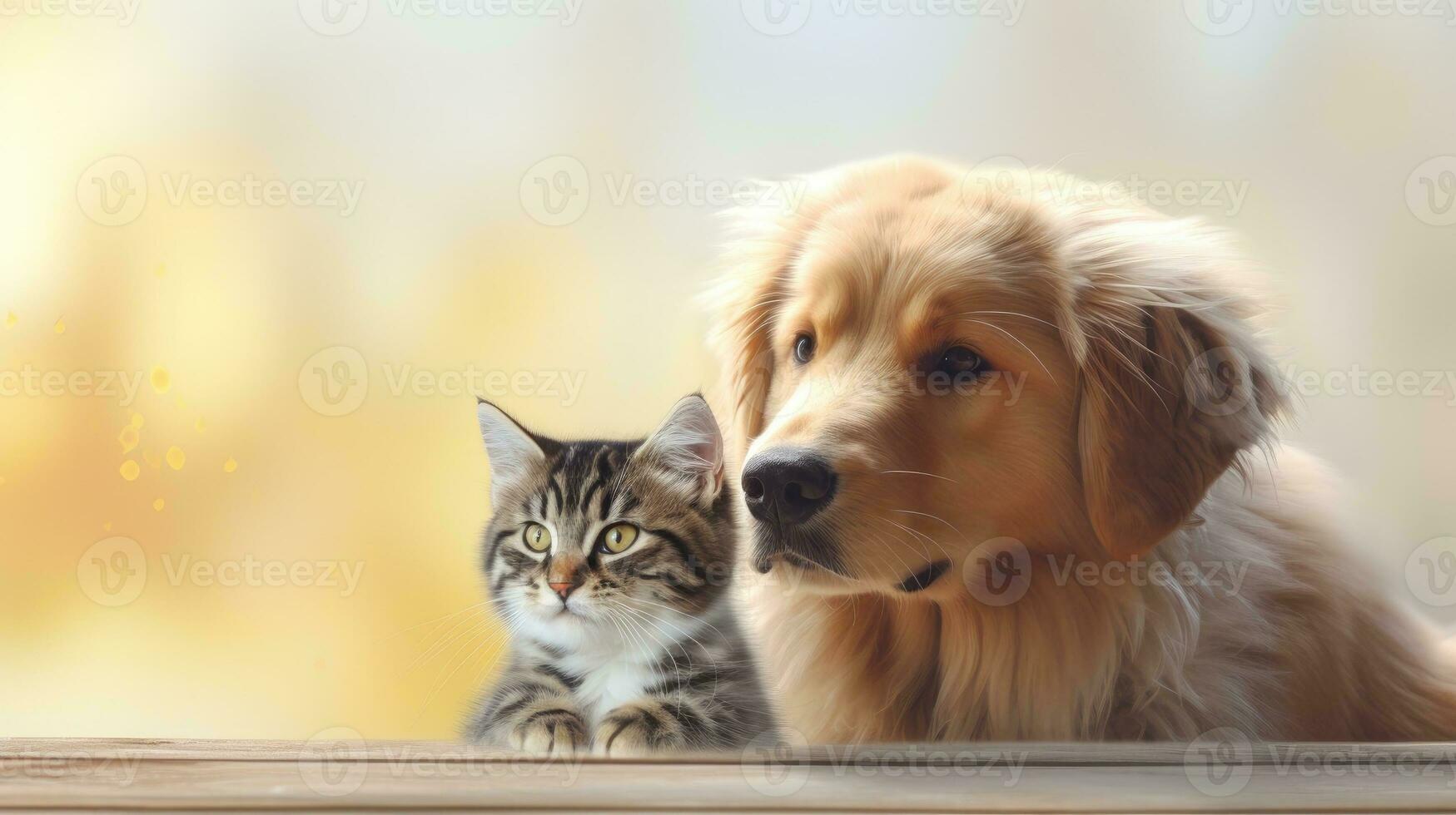 Dog and cat, cute pets. Web banner with copy space. Generative AI photo