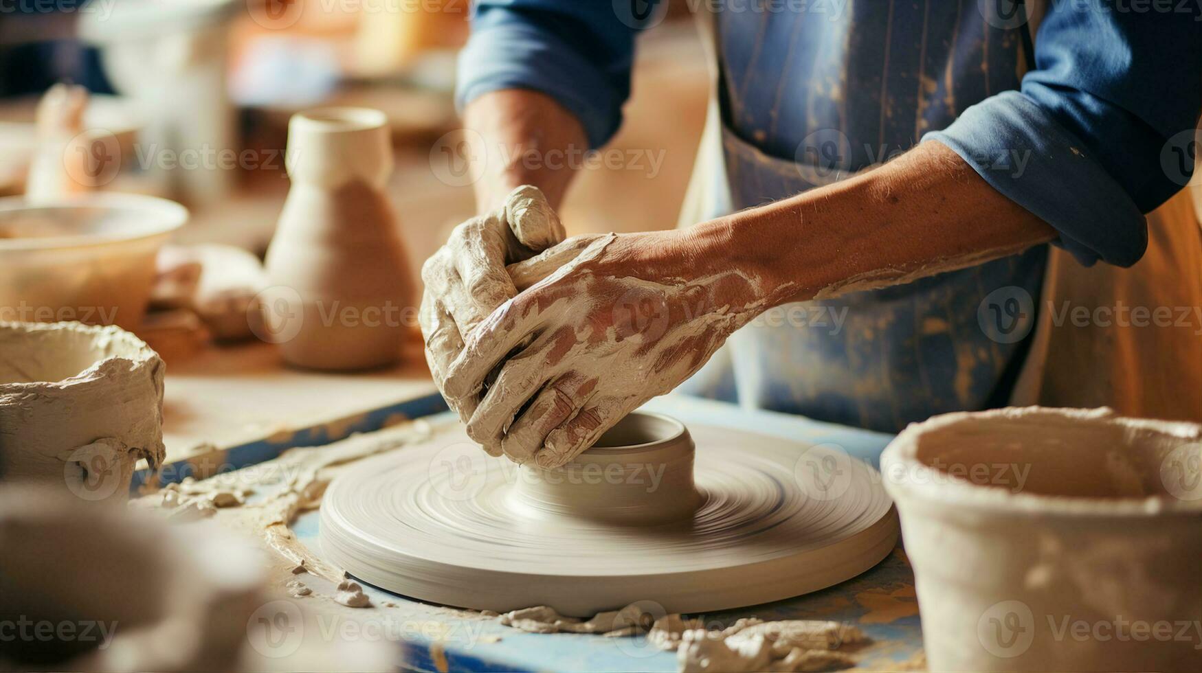 Banner captures an artisan workshop scene, hands molding clay on a pottery wheel, surrounded by ceramic creations. Generative AI photo
