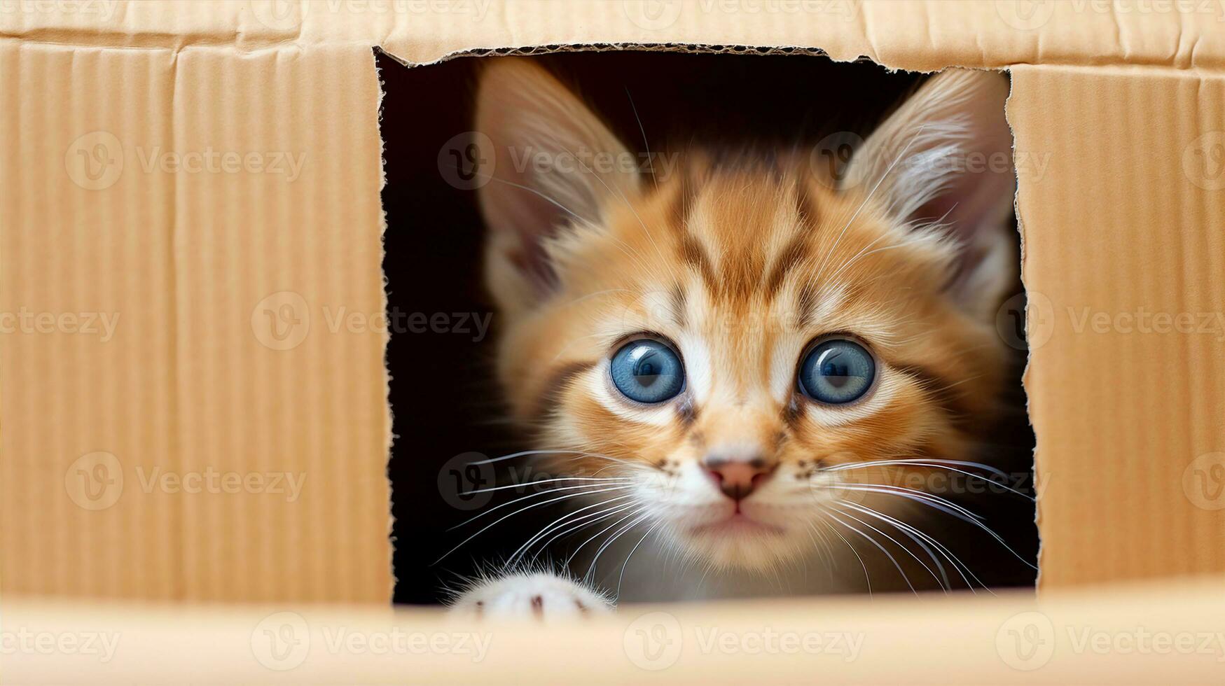 A playful kitten hiding inside a cardboard box, only its tail and curious eyes visible. Generative AI photo