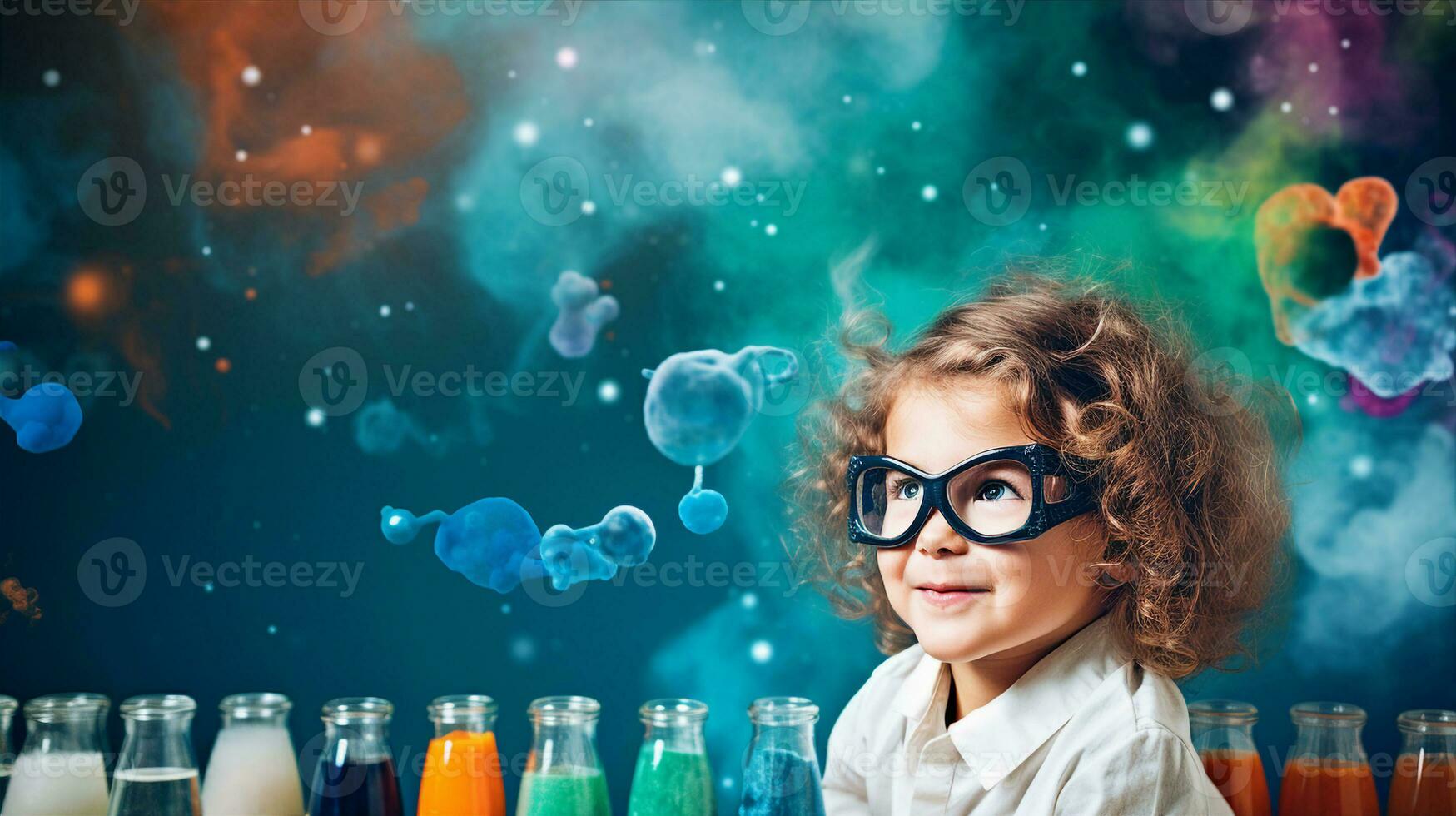 Child with a chemistry set, fascinated by the bubbling concoctions and colorful reactions. Generative AI photo