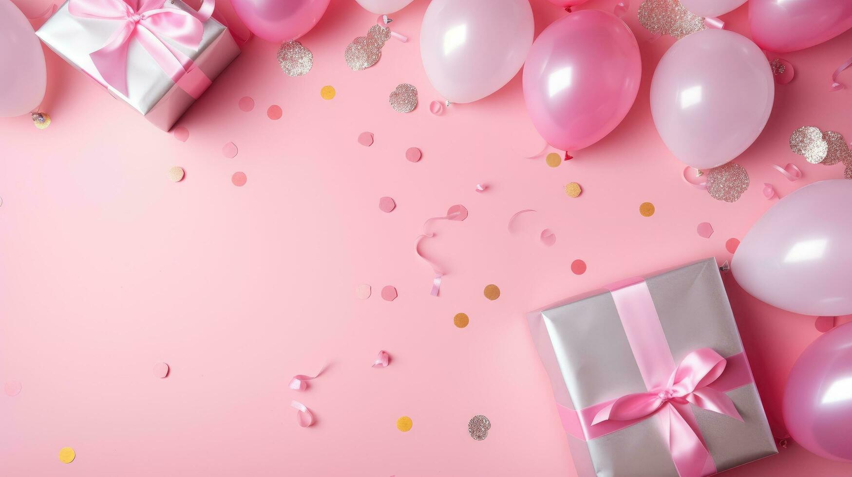Birthday background, flat lay. Pink gift box, balloons and confetti on the table photo
