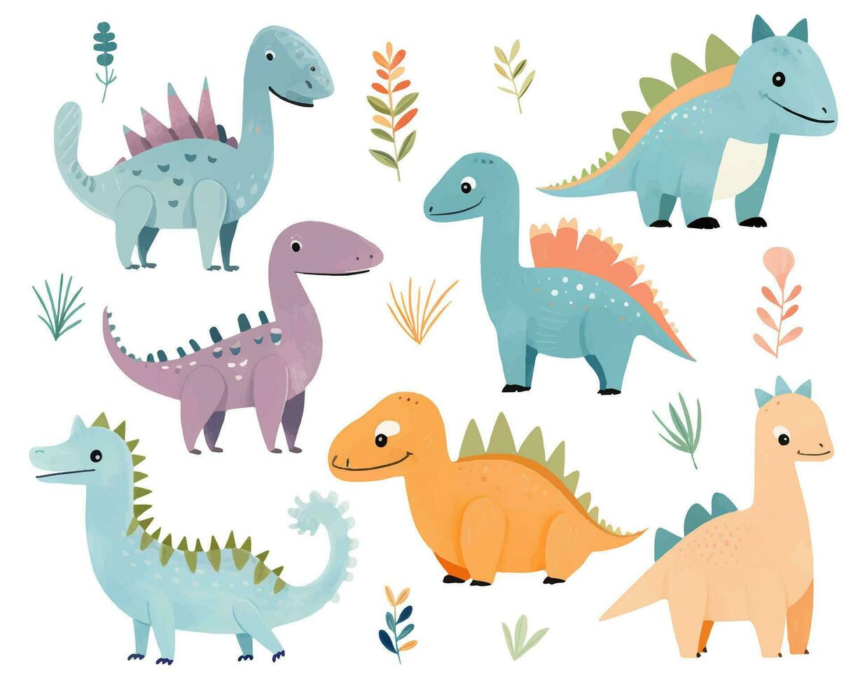 Cute dinosaur illustrations. Vector set of hand drawn dinosaurs.