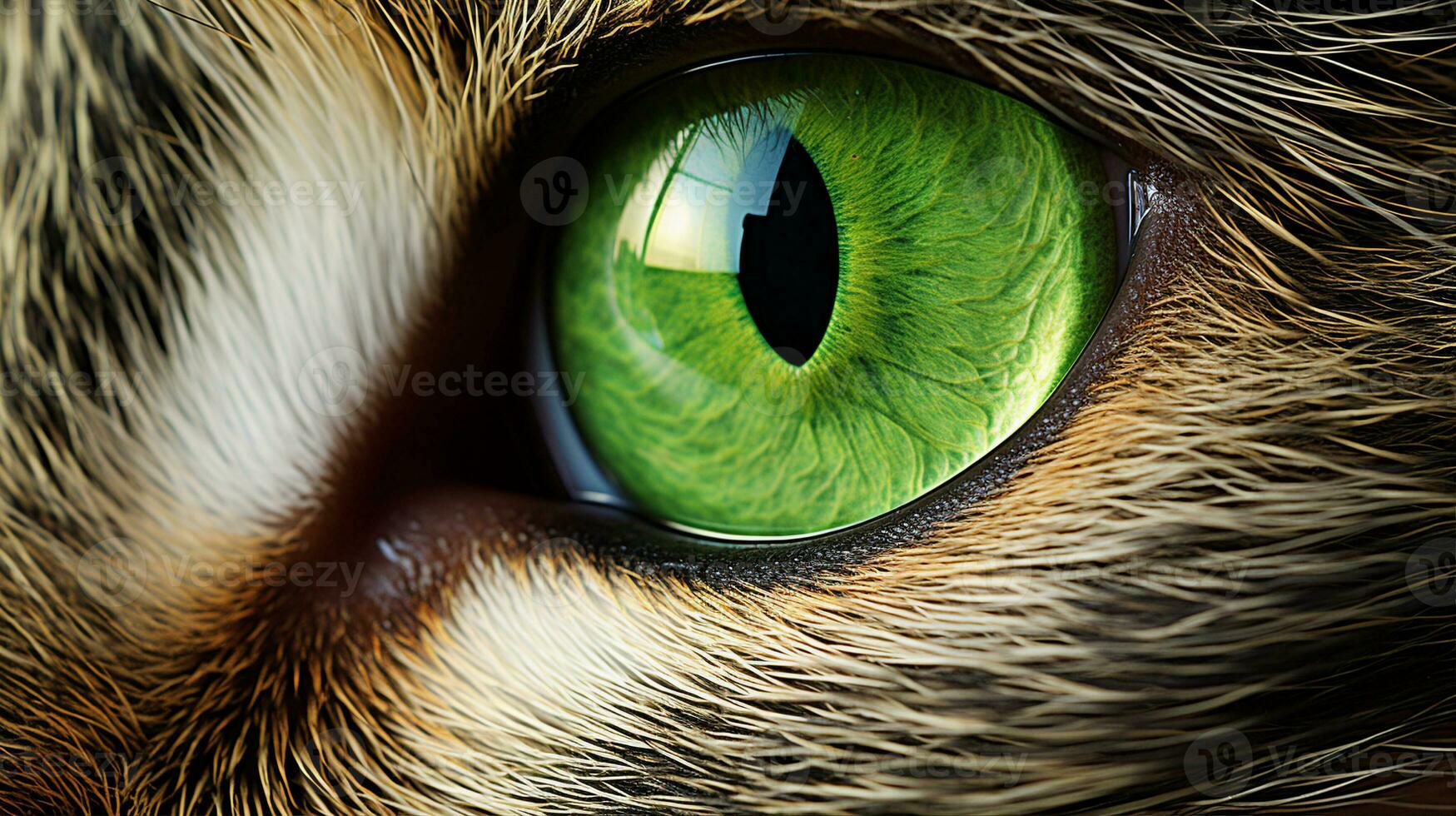 Cat's green eye magnified, revealing intricate patterns and depths, a window to its soul. Generative AI photo