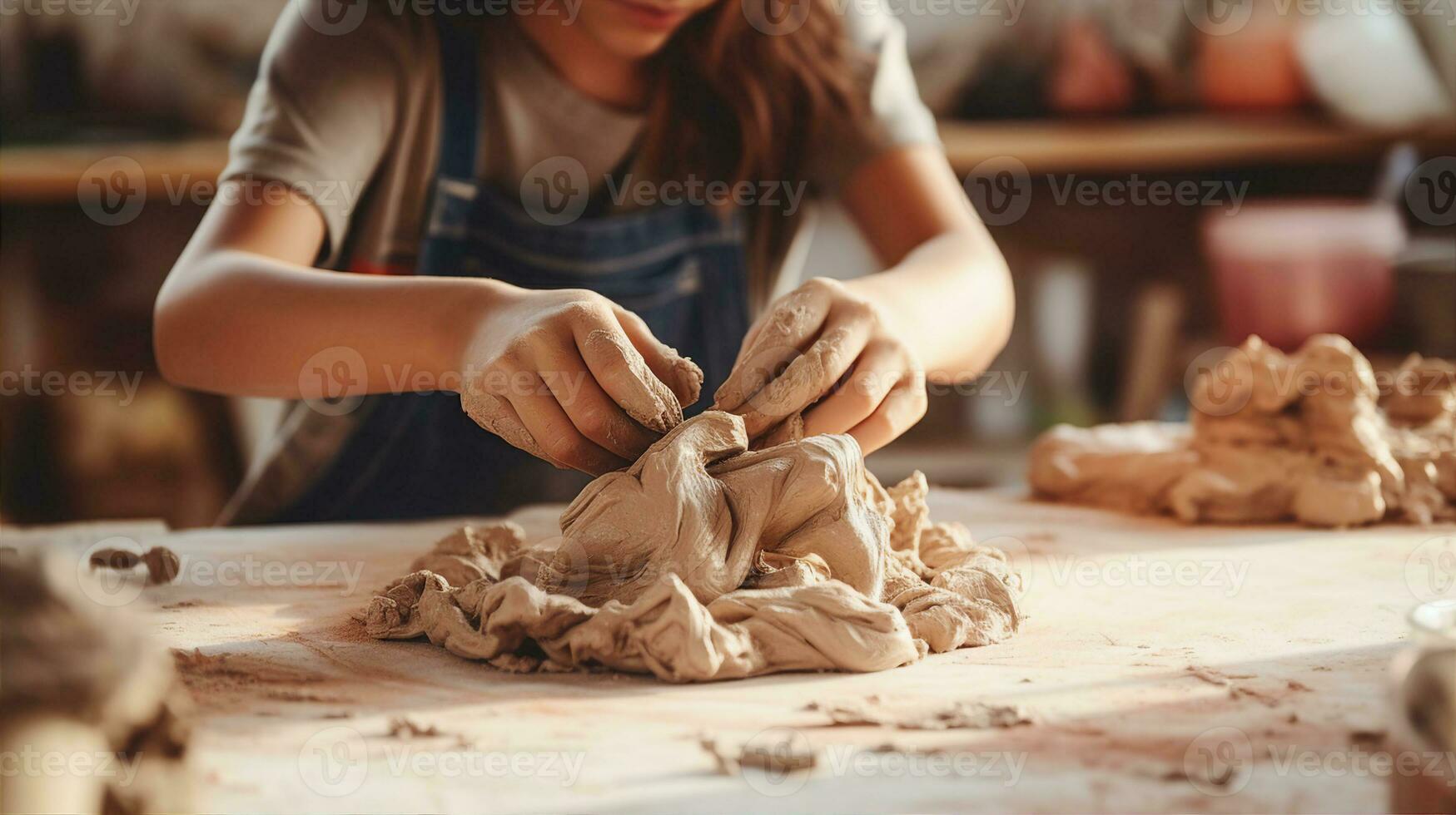 Child sculpting with clay, fingers molding the soft material, creativity taking form. Generative AI photo