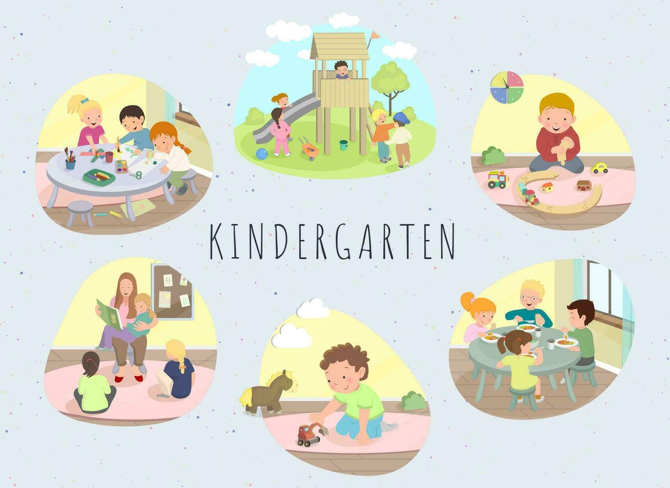 Set of kindergarten or preschool activities. Children playing, reading book with educator, walking, eating, drawing. Cartoon bundle, vector illustration.