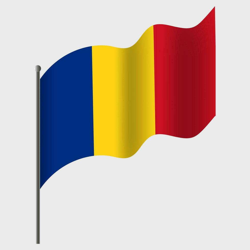 Waved Romania flag. Romanian flag on flagpole. Vector emblem of Romania