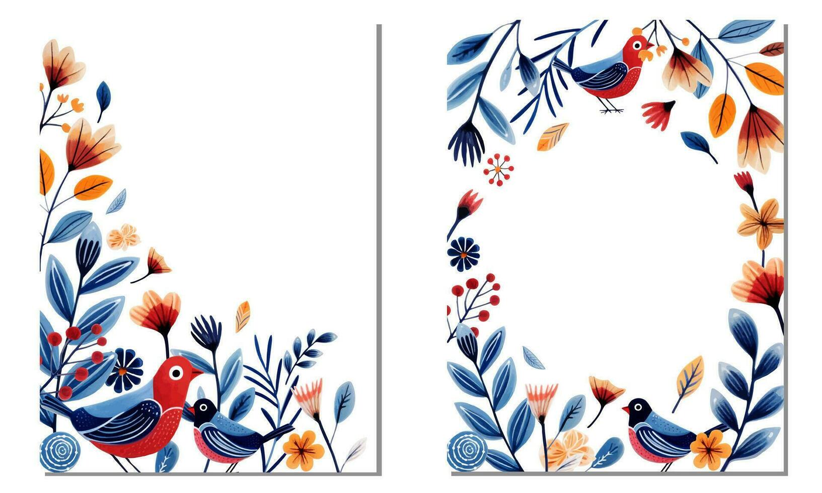 Set of frames with birds in ethnic style. Birds and leaves for your design, template. Greeting card, border. vector
