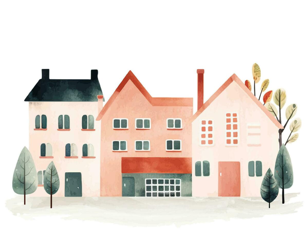 Scandinavian houses and trees. European street. Cute Scandi watercolor homes. Childish vector illustration