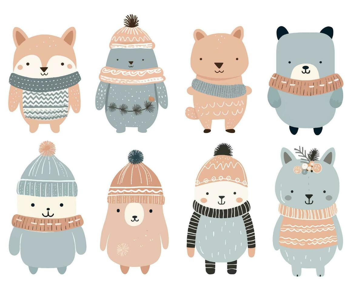 Hand drawn doodle animals. Cute scandinavian animals in winter clothes. Winter forest vector illustration