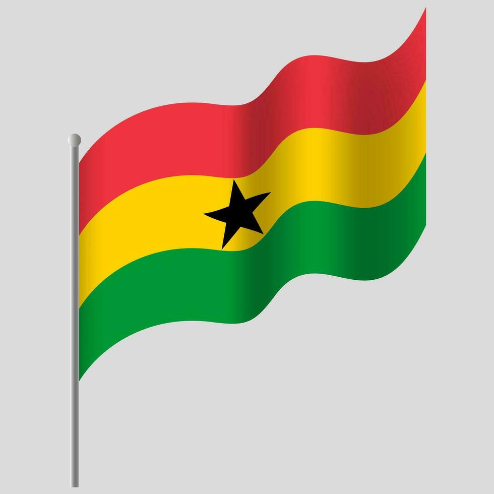 Waved Ghana flag. Ghana flag on flagpole. Vector emblem of Ghana