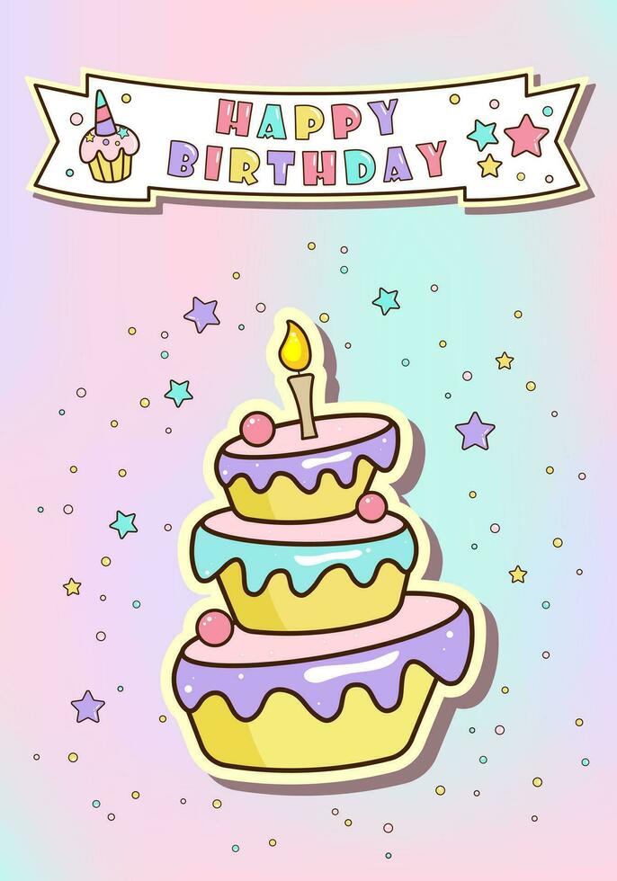 Happy birthday card with cute cartoon cake. Colorful design. Vector illustration