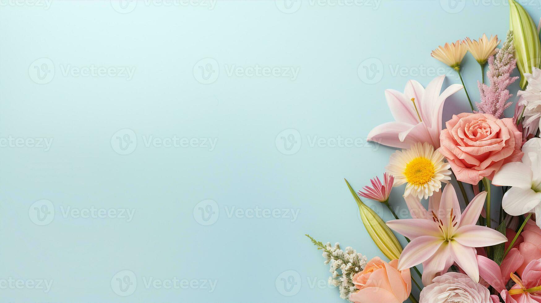 Displaying an array of fresh flowers in bouquets and single stems, sprinkled with dew, set against a pastel background. Generative AI photo