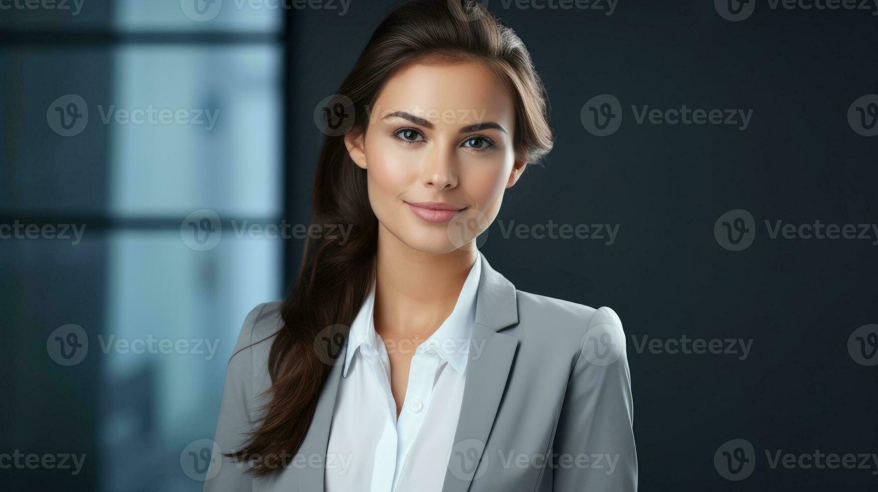 joven contento negocio mujer retrato. web bandera con Copiar espacio. generativo ai foto