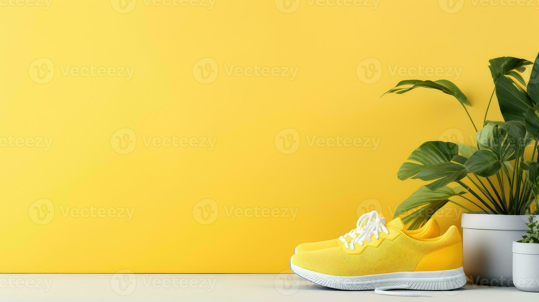 Sport sneakers, object on yellow background, banner with copy space. Generative AI photo