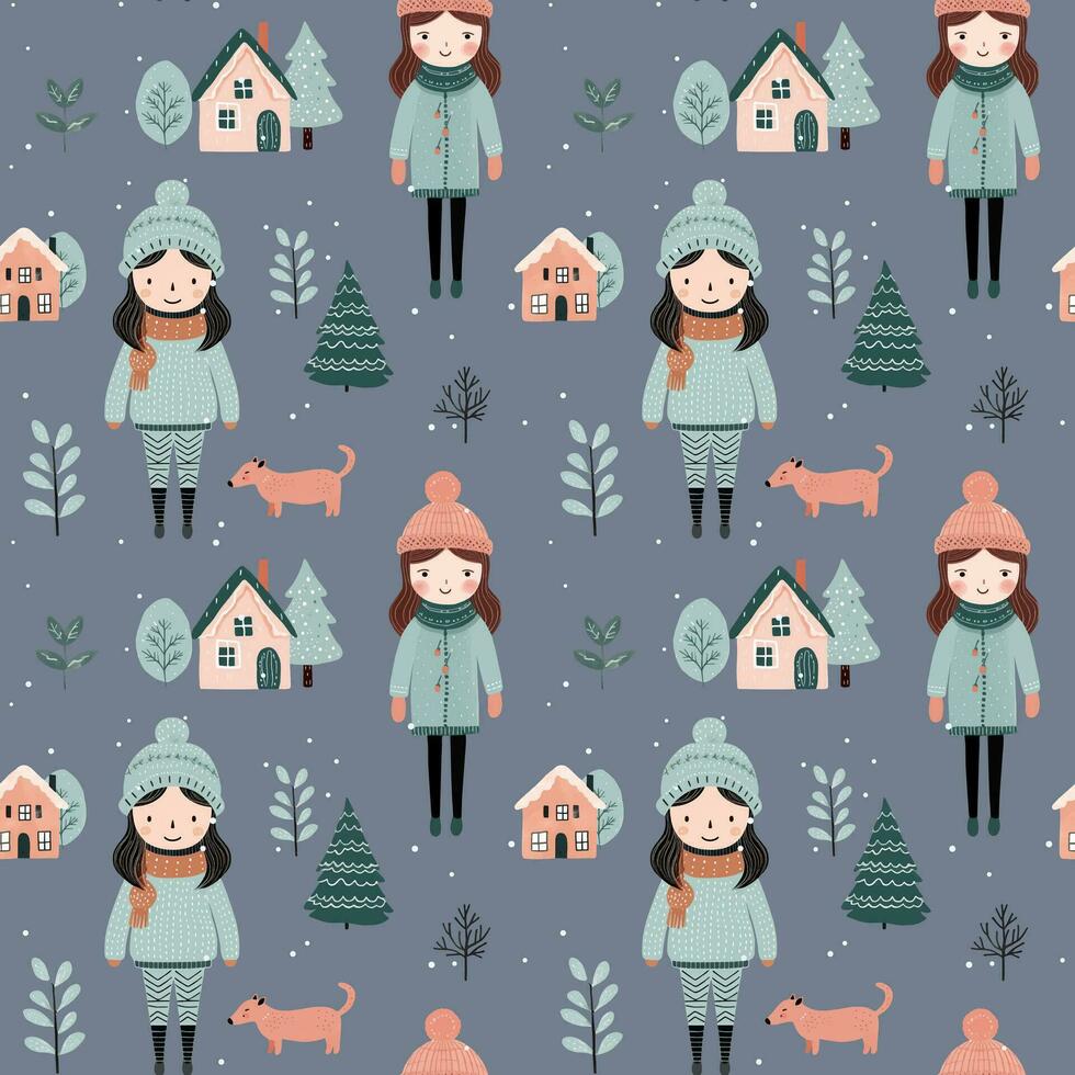 Seamless pattern with doodle girl, house and tree. Vector hand drawn christmas elements. Winter background