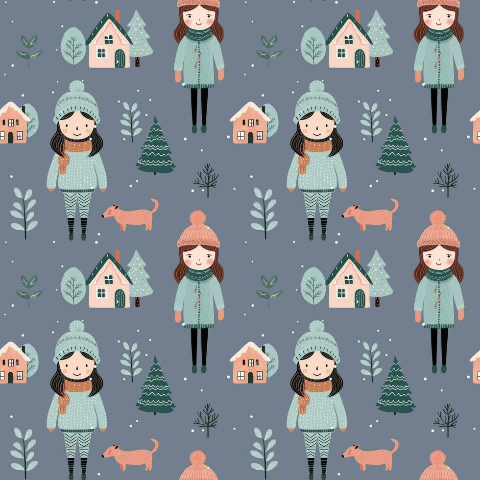 Seamless pattern with doodle girl, house and tree. Vector hand drawn christmas elements. Winter background