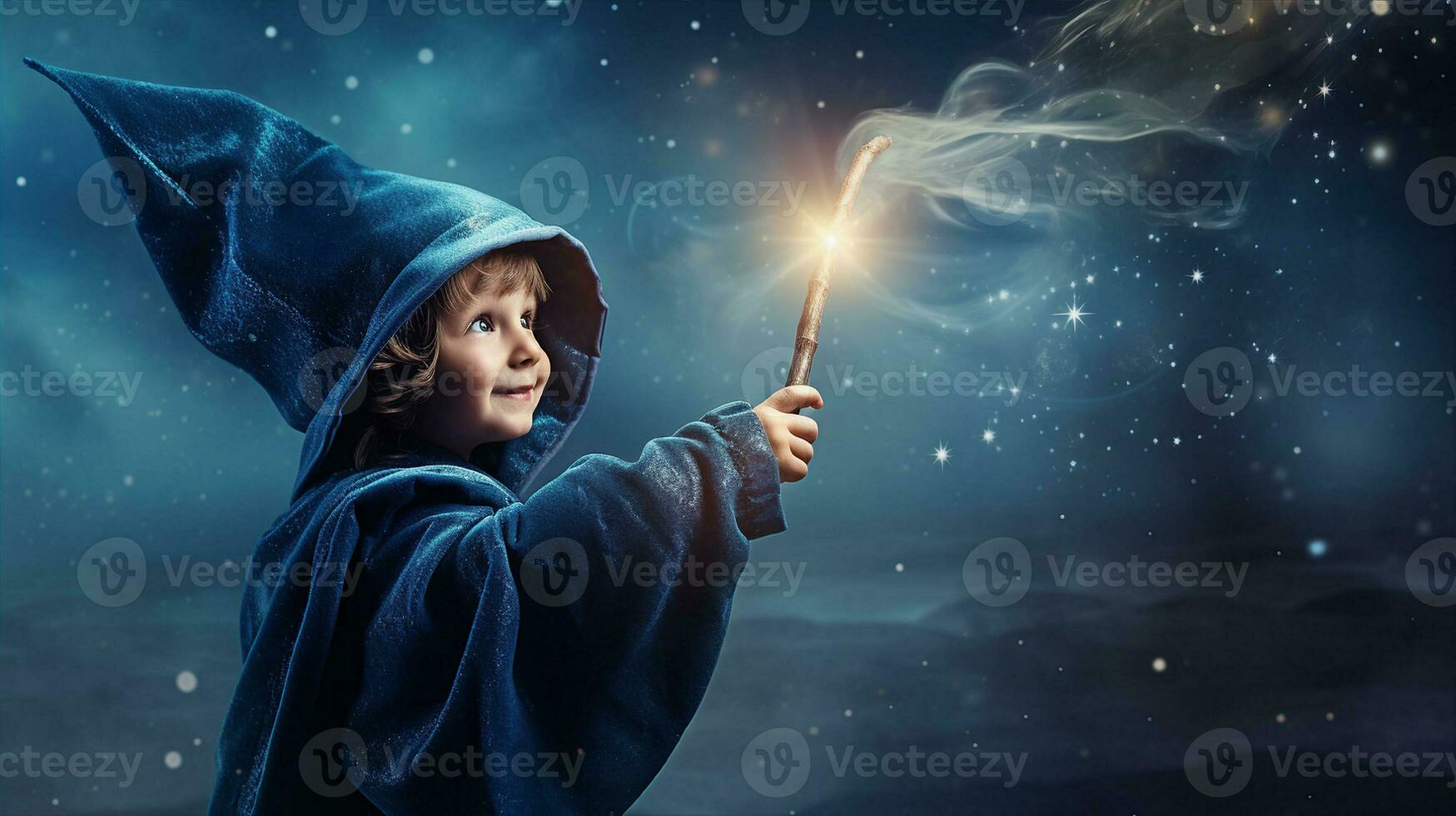 Child in a wizard costume, waving a magical wand, imagination turning ordinary to extraordinary. Generative AI photo