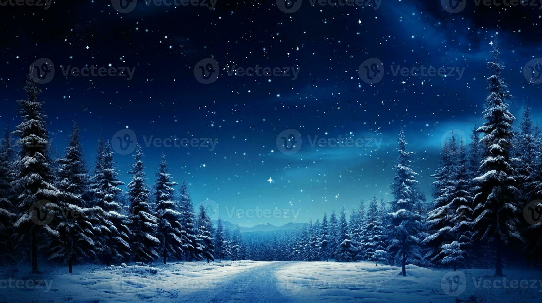 Night starry sky, winter forest, snowy blue background. Generative AI photo