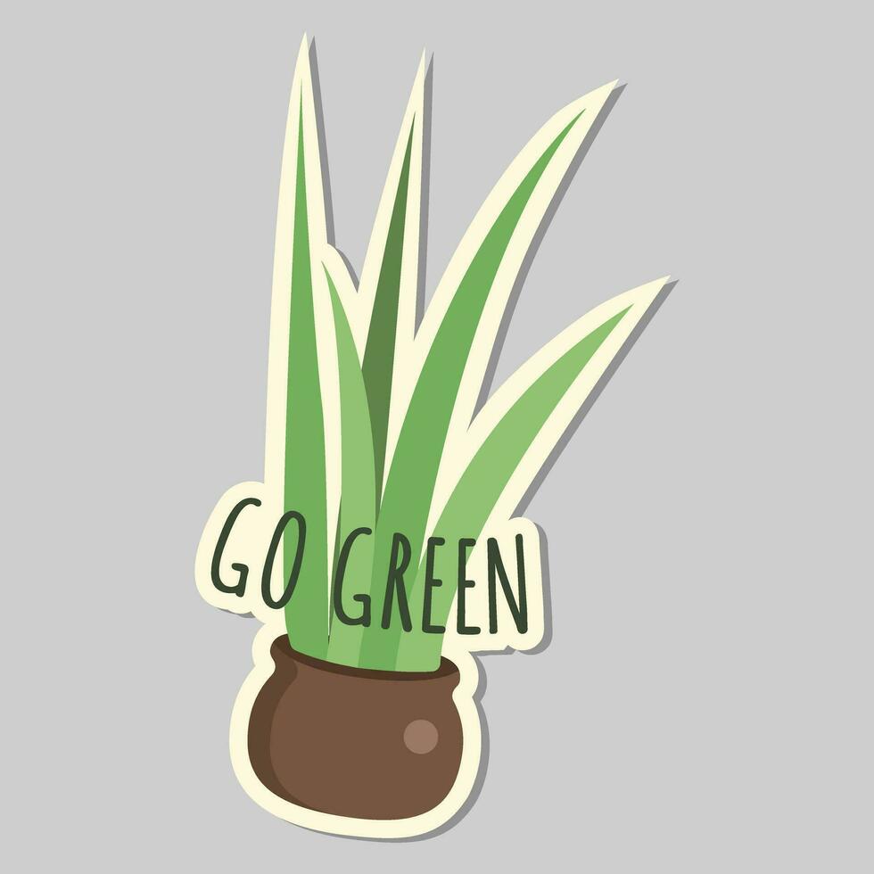 Ecology sticker with vase with leaves and text go green. Love our earth, save planet. Eco labels. Care for nature vector