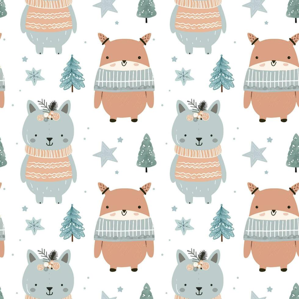 Winter seamless pattern with cute animals. Christmas vector pattern. Hand drawn vector children's print