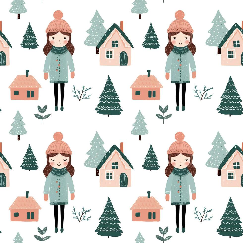 Seamless pattern with doodle girl, house and tree. Vector hand drawn christmas elements. Winter background