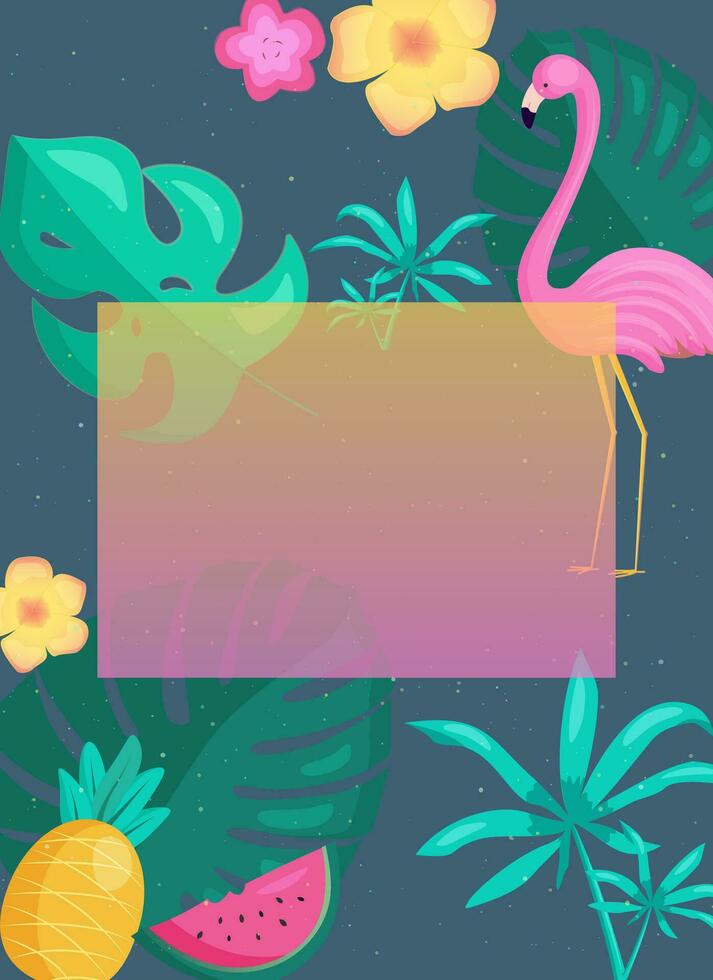 Summer template in bright colors with tropical leaves and flamingo. Frame for poster, banner, invitation, voucher. vector