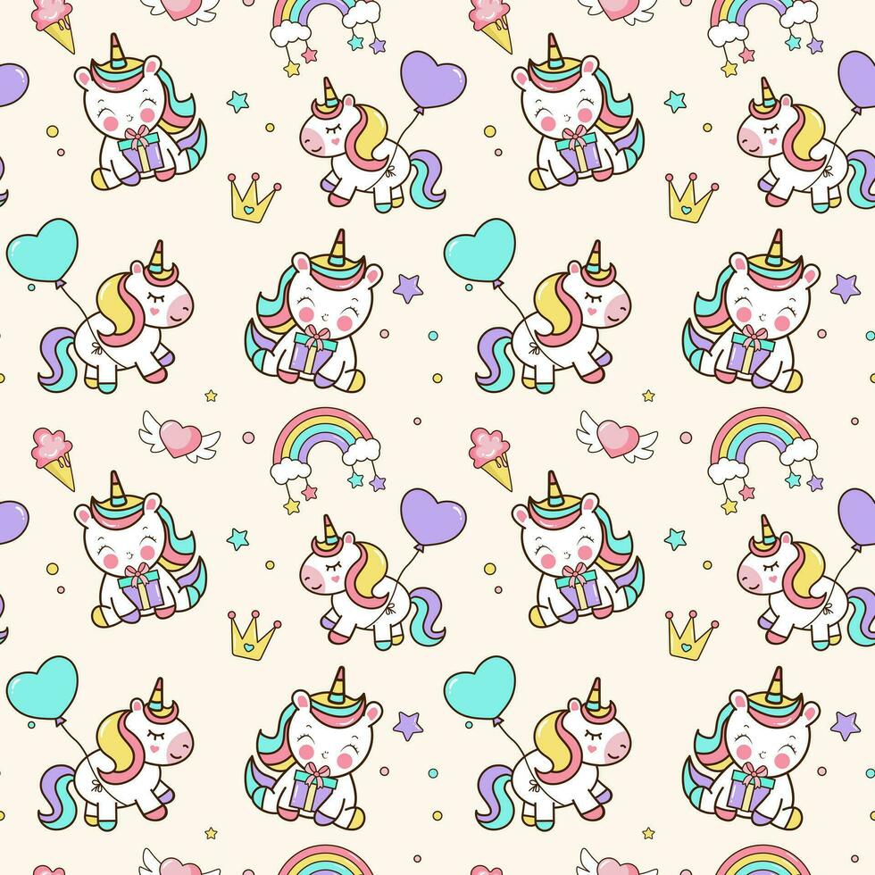 Seamless pattern with unicorns, stars, rainbow, confetti. Vector background in cartoon style for birthaday party.