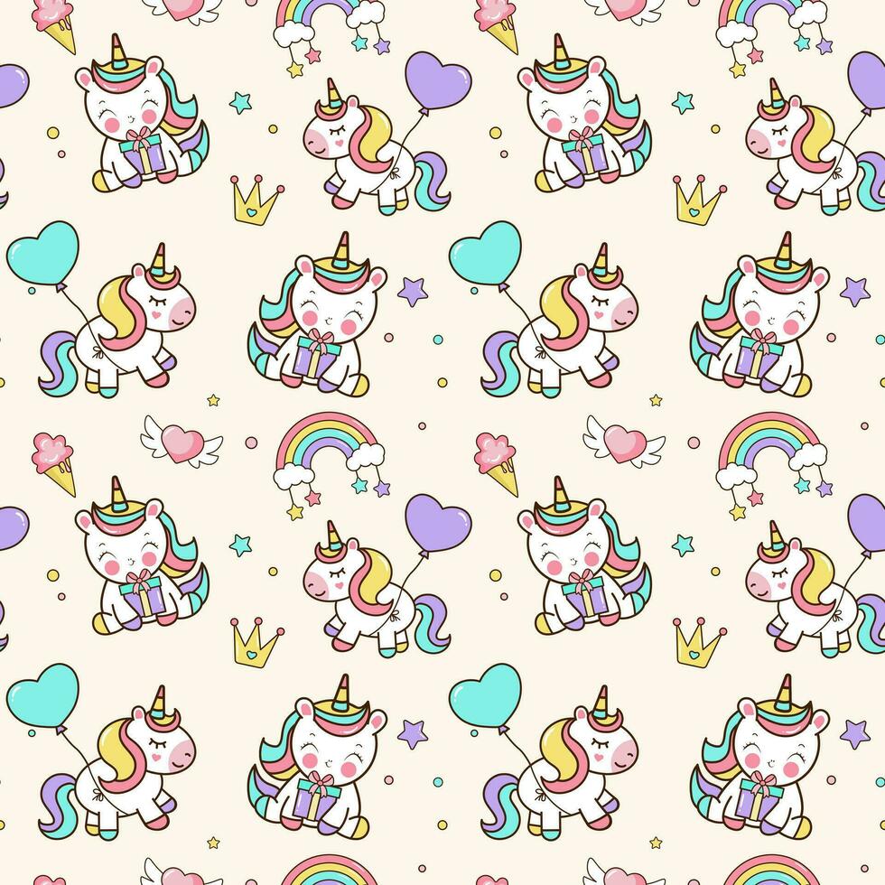 Seamless pattern with unicorns, stars, rainbow, confetti. Vector background in cartoon style for birthaday party.