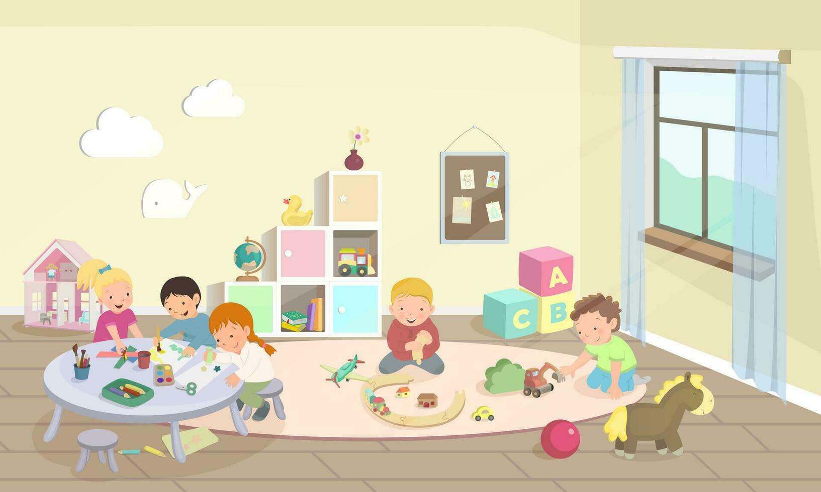 Kindergarten or preschool activities. Children playing with cars, drawing and make crafts. Cartoon bundle, vector illustration. Modern room with furniture, sunlight from window.