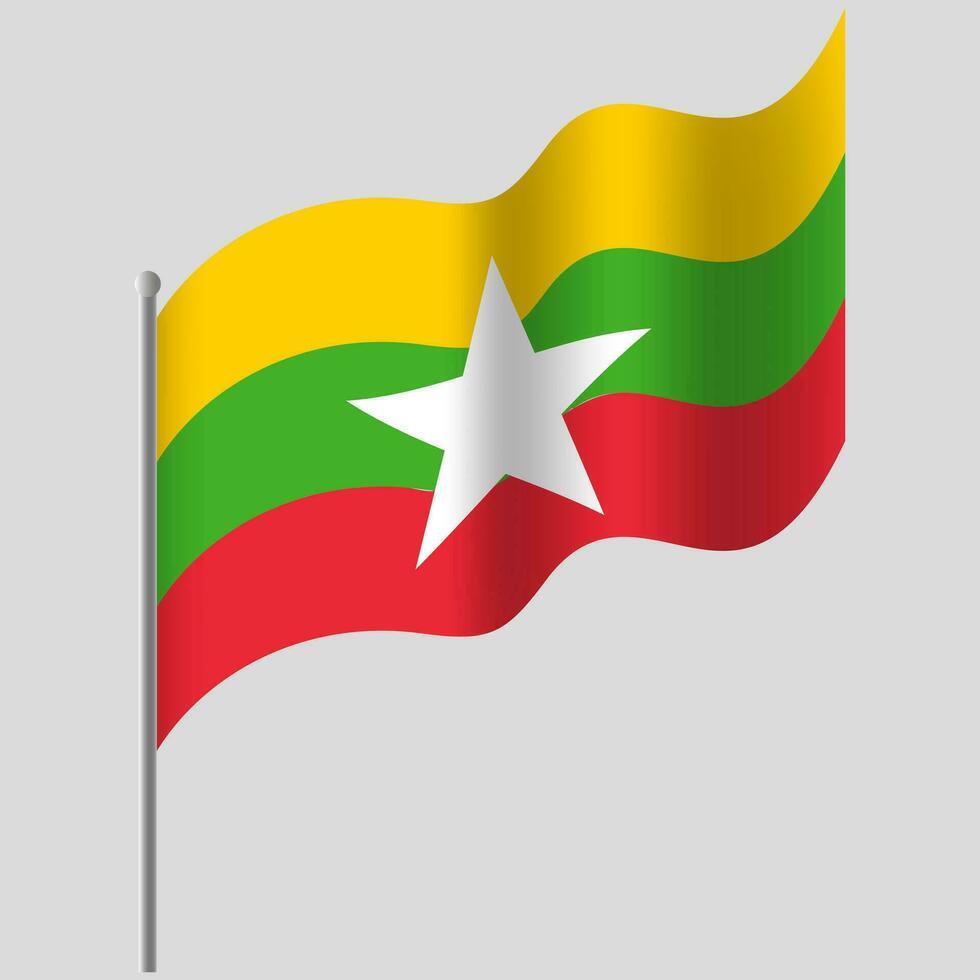 saludó myanmar bandera. myanmar bandera en asta de bandera. vector emblema de myanmar