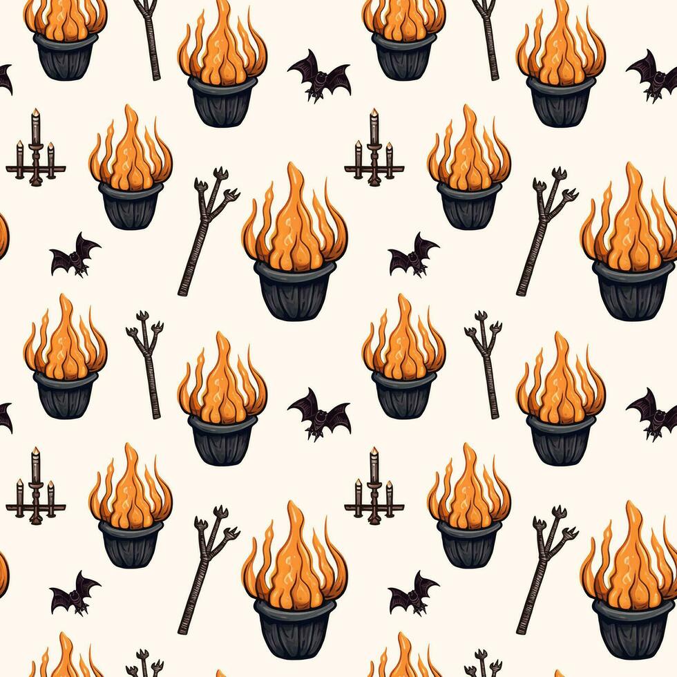 Halloween pattern with cauldron, scepter, candlestick, bat. Autumn halloween background, vector seamless pattern.